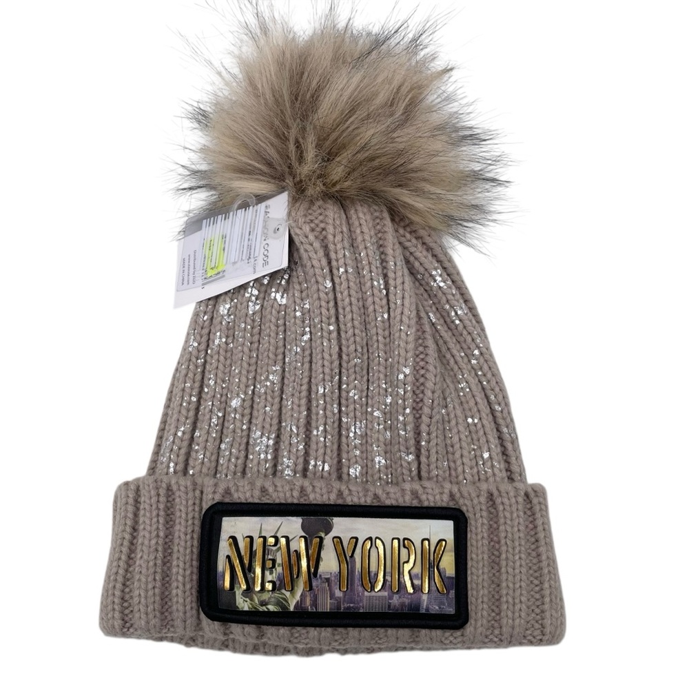 NEW Fashion Code New York Pom Pom Beanie Hat One Size Faux Fur Metallic Flecks